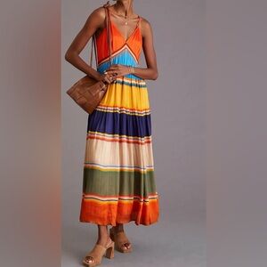NWT - Anthropologie Tanvi Kedia V-Neck Colorblock Midi Dress; XS